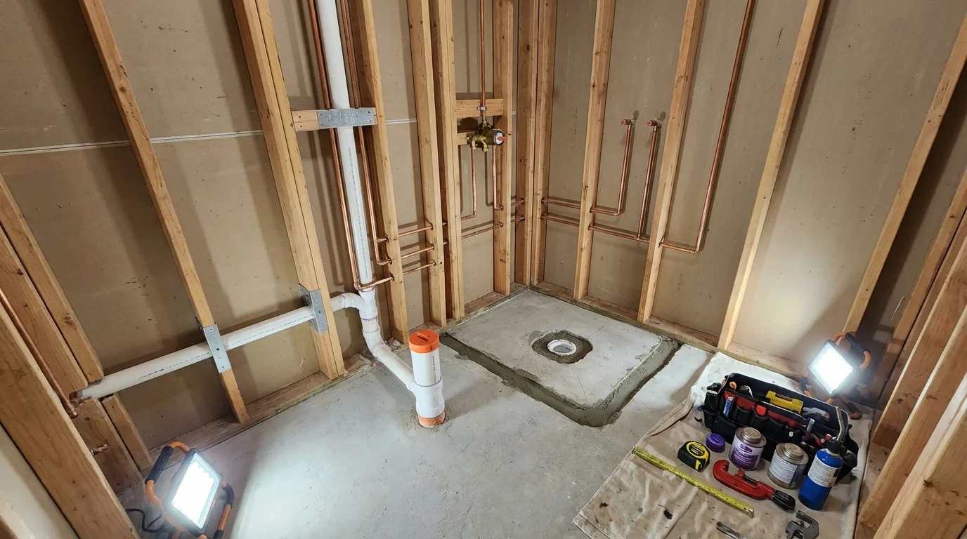 Bathroom rough-in plumbing during remodel by Johns Plumbing LLC in Marcellus