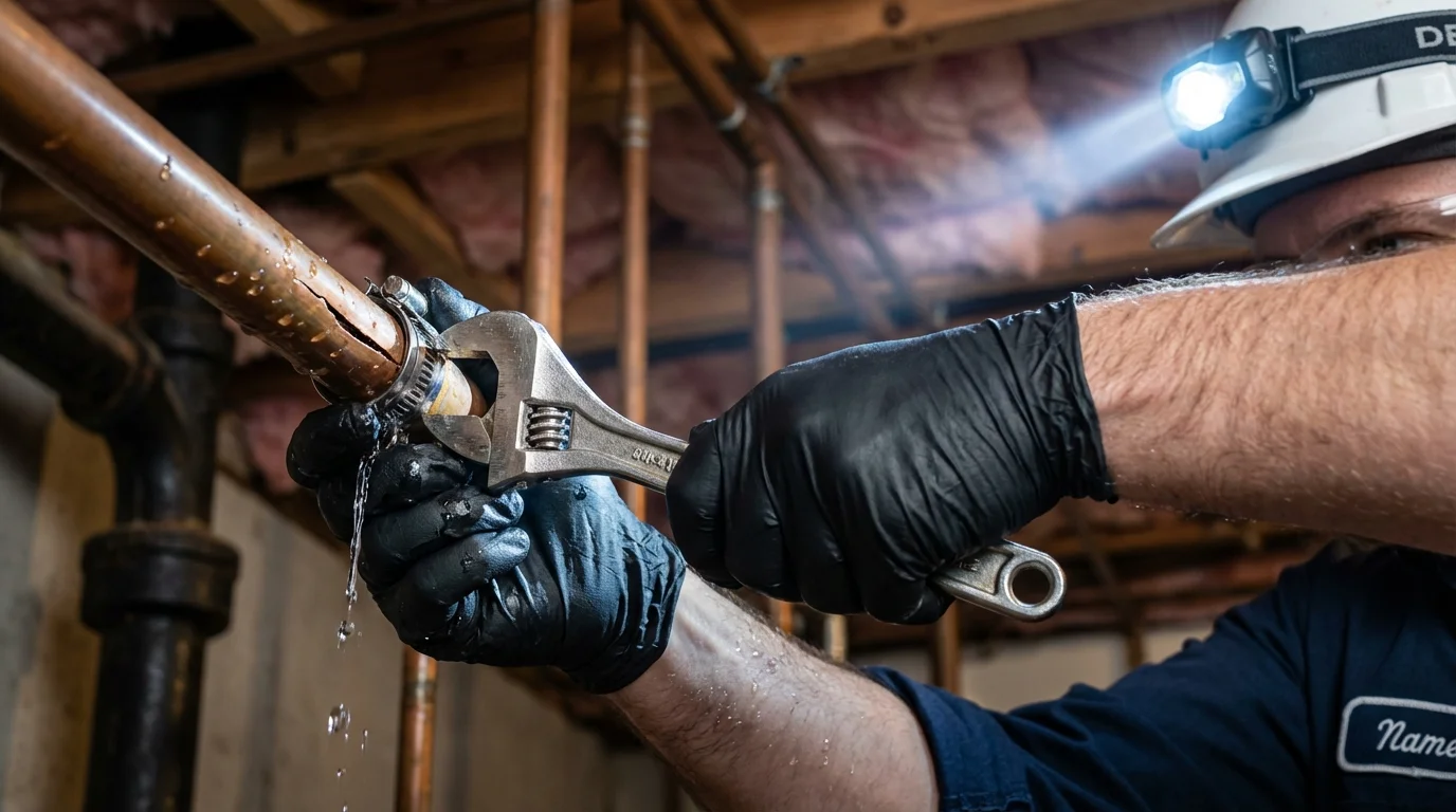 Emergency pipe clamp repair being performed by a Johns Plumbing LLC plumber in Marcellus