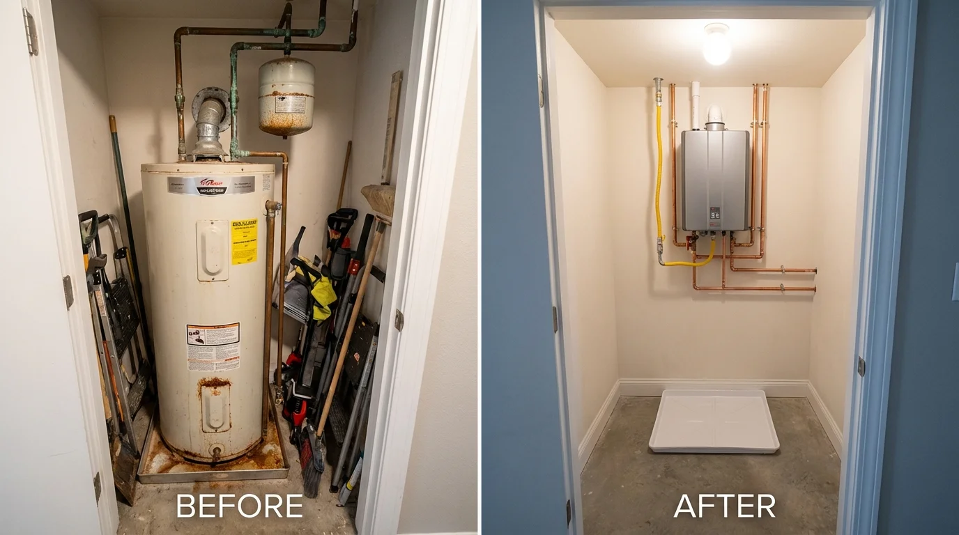 Tank water heater versus wall-mounted tankless unit comparison for Marcellus, NY homeowners