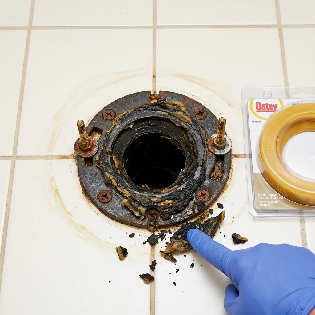 Failed wax ring showing water seepage at the base of a toilet in a Marcellus, NY home