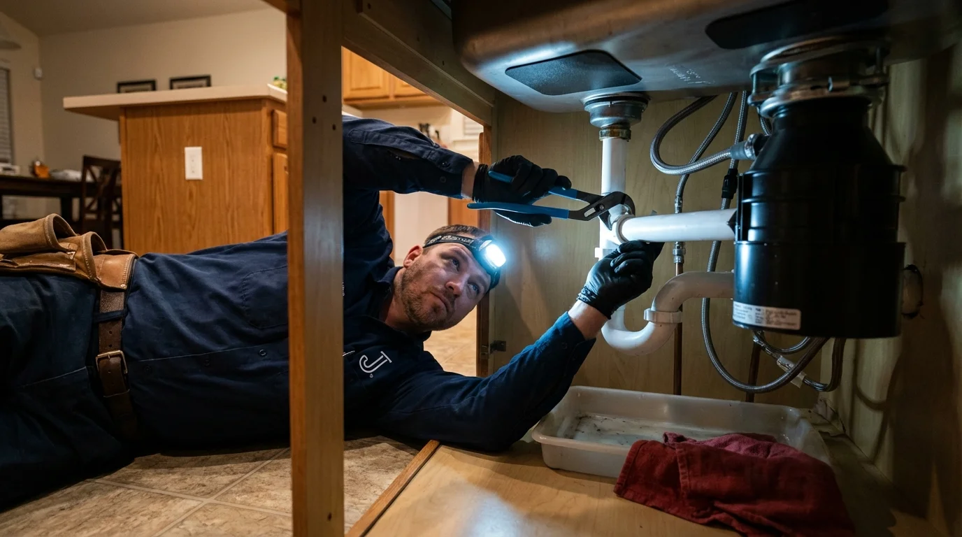P-trap and supply line connections under a kitchen sink showing a common leak point in Marcellus, NY
